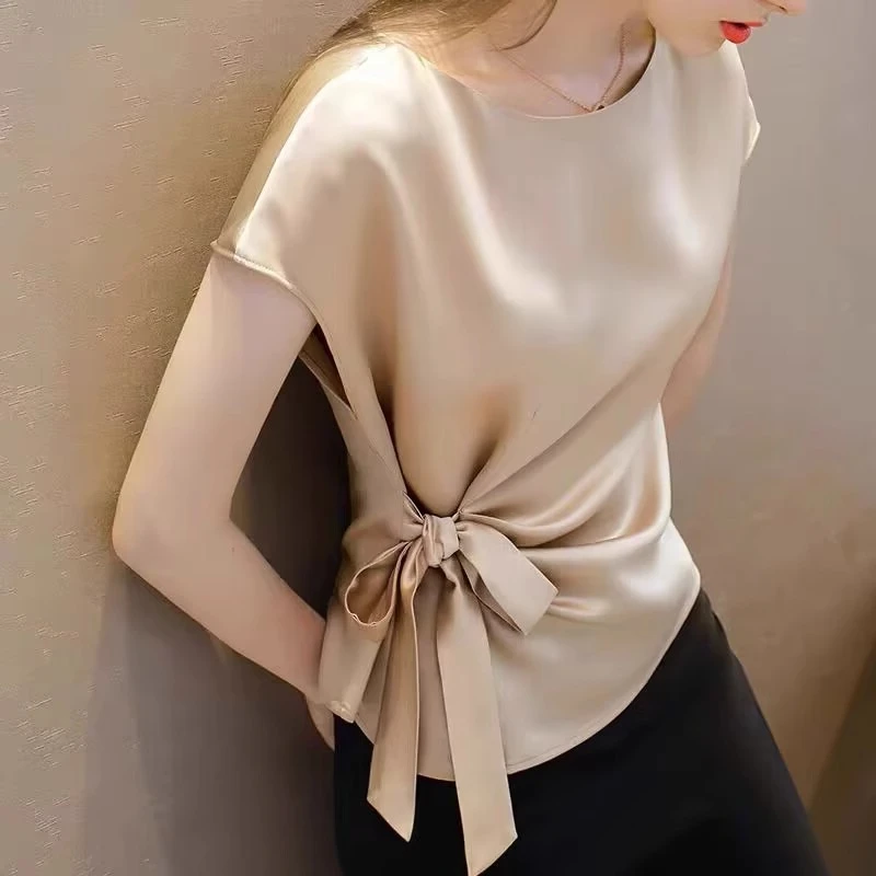 2025新款高端名牌气质香槟色醋酸缎面绑带上衣短袖t恤女修身