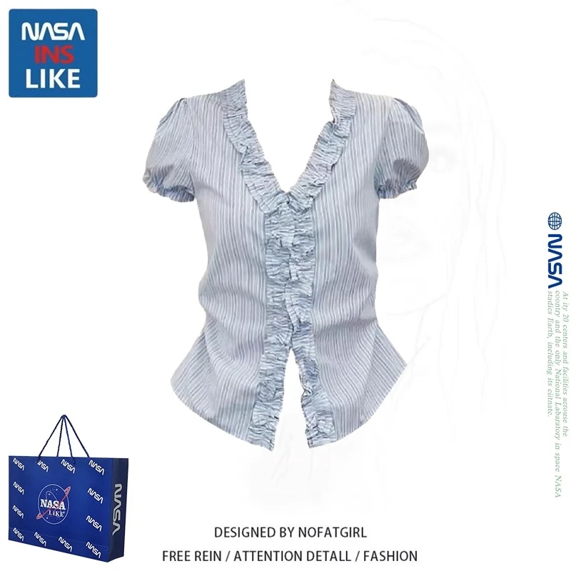 NASA蓝色木耳边条纹泡泡袖衬衫女夏季小众减龄修身显瘦小衫上衣服
