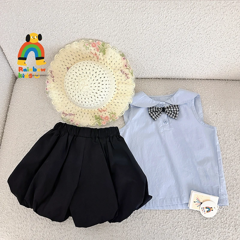 【彩虹家】2025夏季韩版休闲百搭蝴蝶结背心新款裤子套装-88279