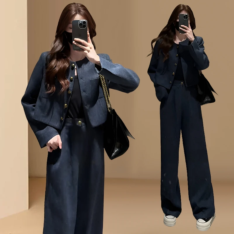 春秋新款圆领短款外套阔腿裤两件套女气质韩版高级感时尚复古套装
