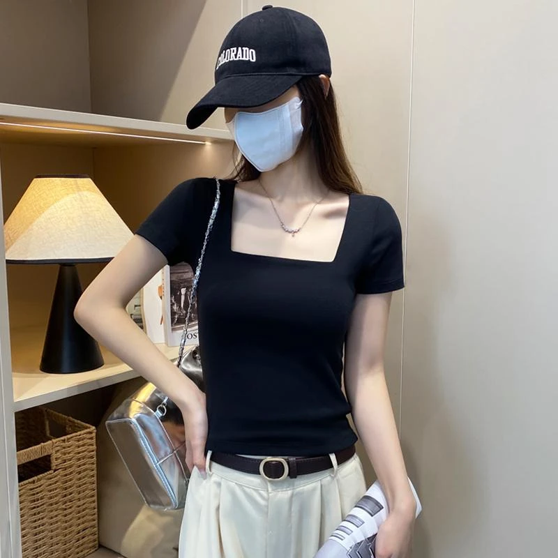 U领短袖纯色T恤打底衫百搭洋气夏季上衣黑色方领简约修身显瘦