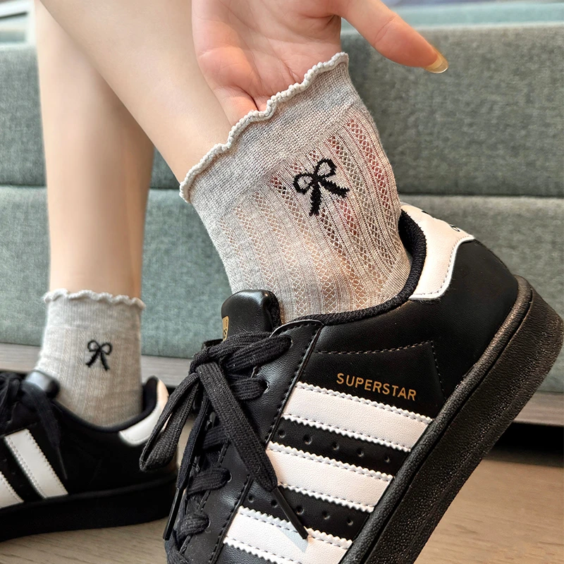 袜子女夏季薄款短袜芭蕾风miu系女款花边蝴蝶结透气短筒夏天白色