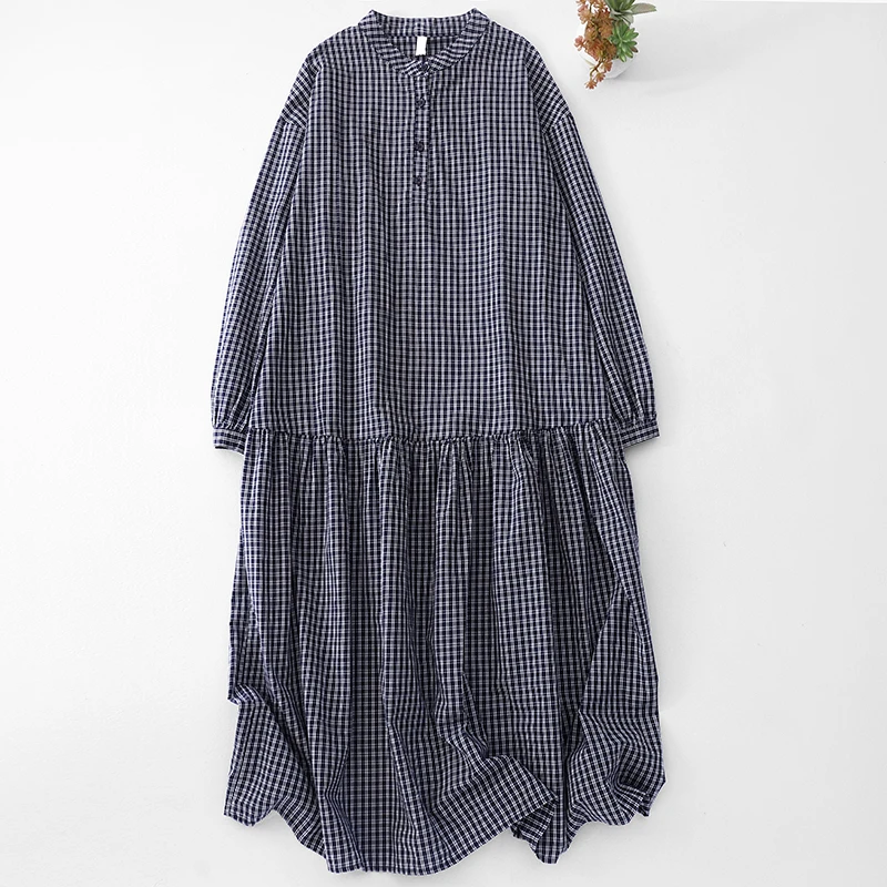 2025秋季复古文艺拼接蓝色格子连衣裙女宽松简约长袖圆领中长裙子