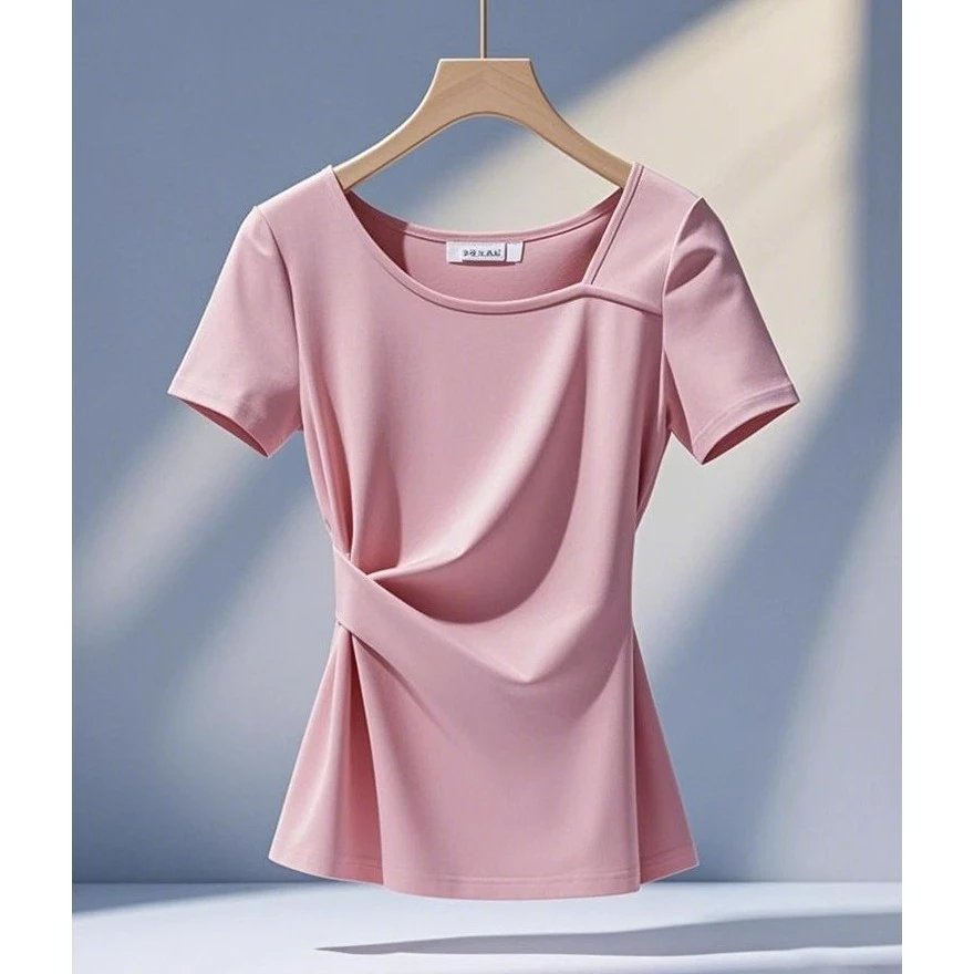 今年流行爆款多巴胺轻奢独特漂亮上衣女小众显瘦洋气粉色短袖T恤