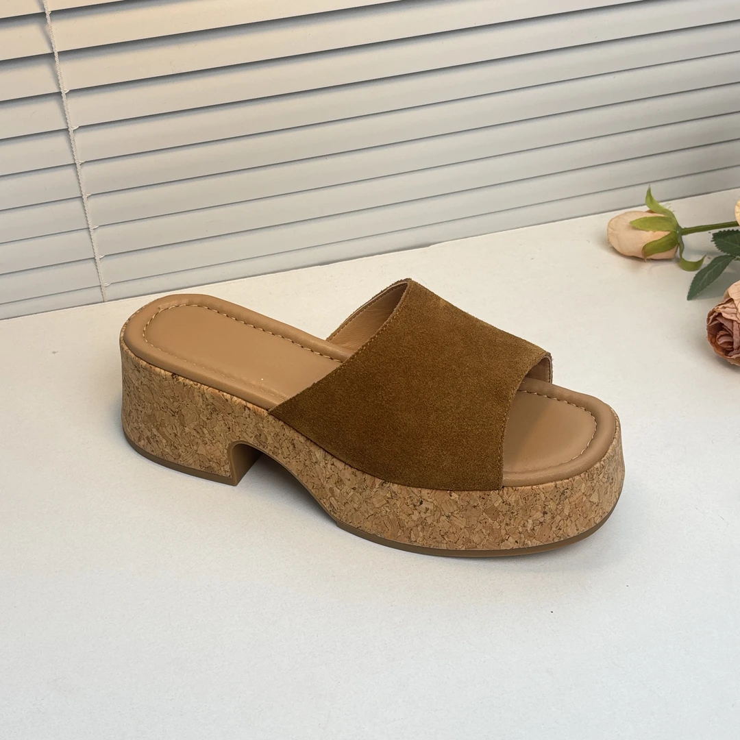 穆勒凉拖女厚底真皮新款半拖露趾松糕防水台外穿真皮拖鞋S69爆款