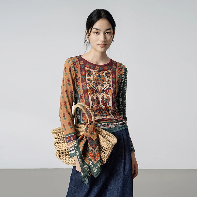 生活在左慕斯绵羊毛花朵印花皮肤衣2025早秋新款多色长袖打底女