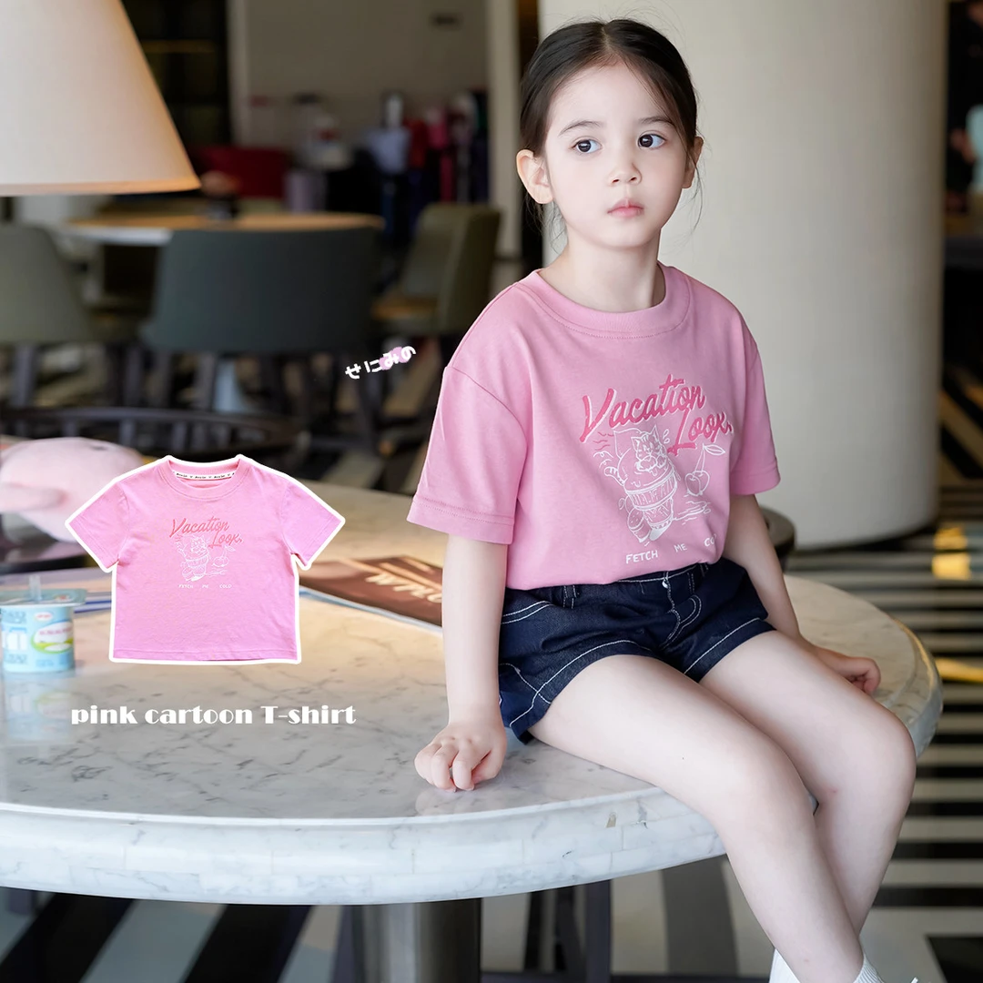AnnieGirl夏季新款粉色卡通印花轻薄短袖女童圆领休闲短袖T恤2026