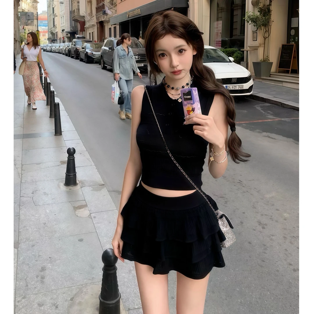 【少女舒适区】韩系甜美穿搭2025夏季新款POLO领针织背心配短裙套装