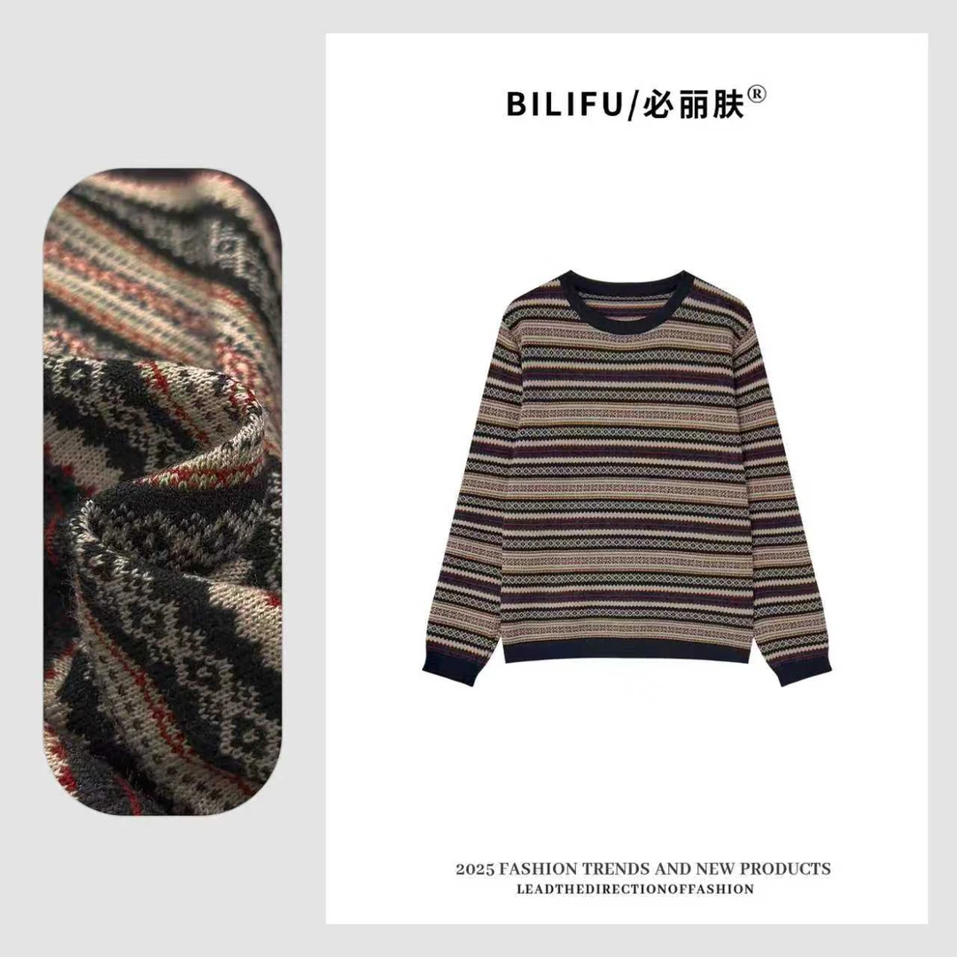 BILIFU/必丽肤 2025新款拼色条纹长袖针织衫秋季休闲百搭上衣7736