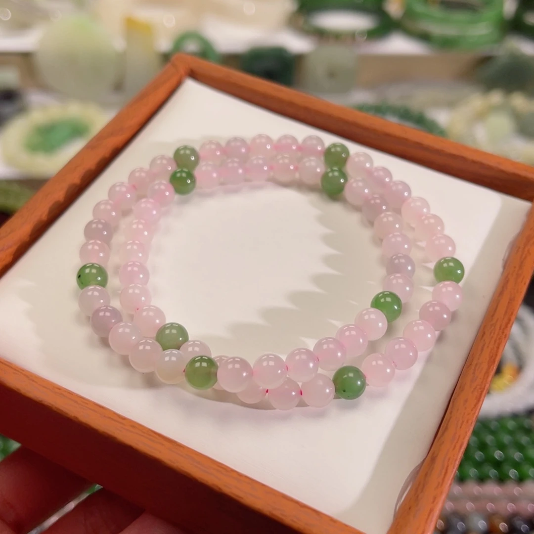 和田玉手链未镶嵌藕粉色双圈卡6