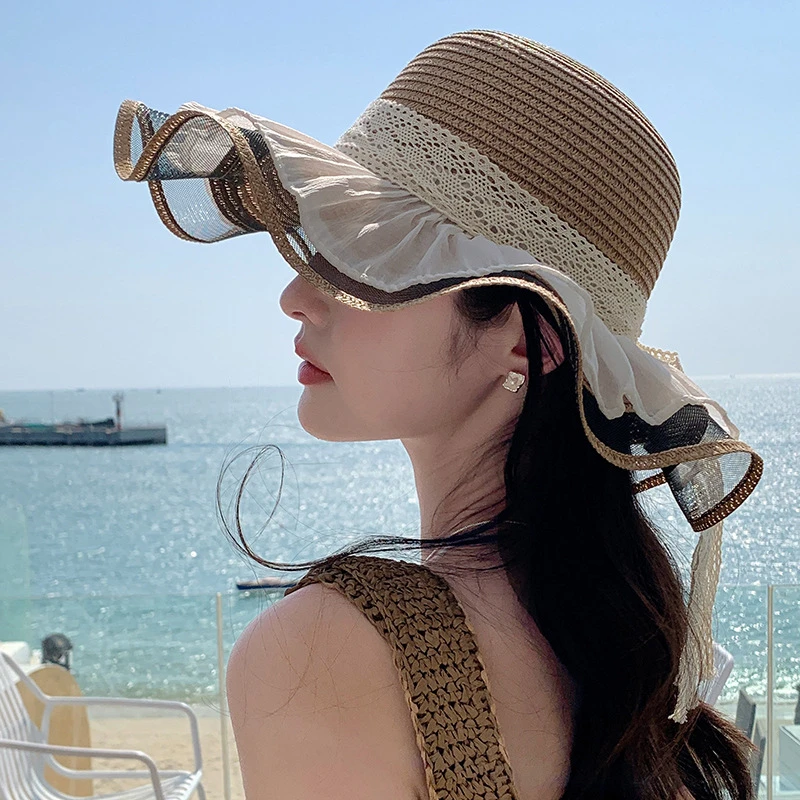 网边飘带蕾丝蝴蝶结荷叶边海边度假日常大帽檐甜美百搭遮阳帽