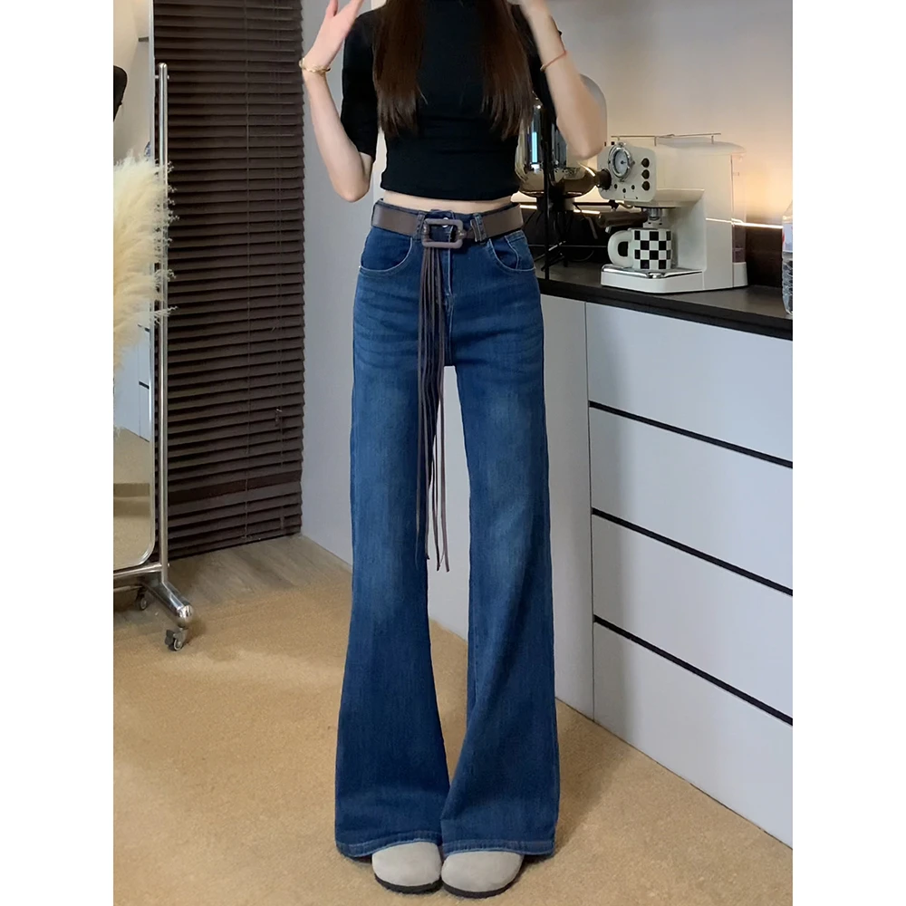 美式复古高腰直筒微喇牛仔裤女秋季不贴腿宽松弹力阔腿拖地长裤子