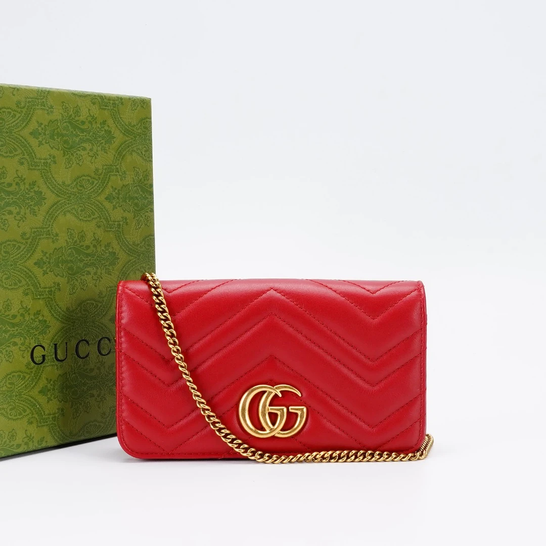 95新 GUCCI/古驰 【白菜】马蒙链条包woc红色/BG22006634