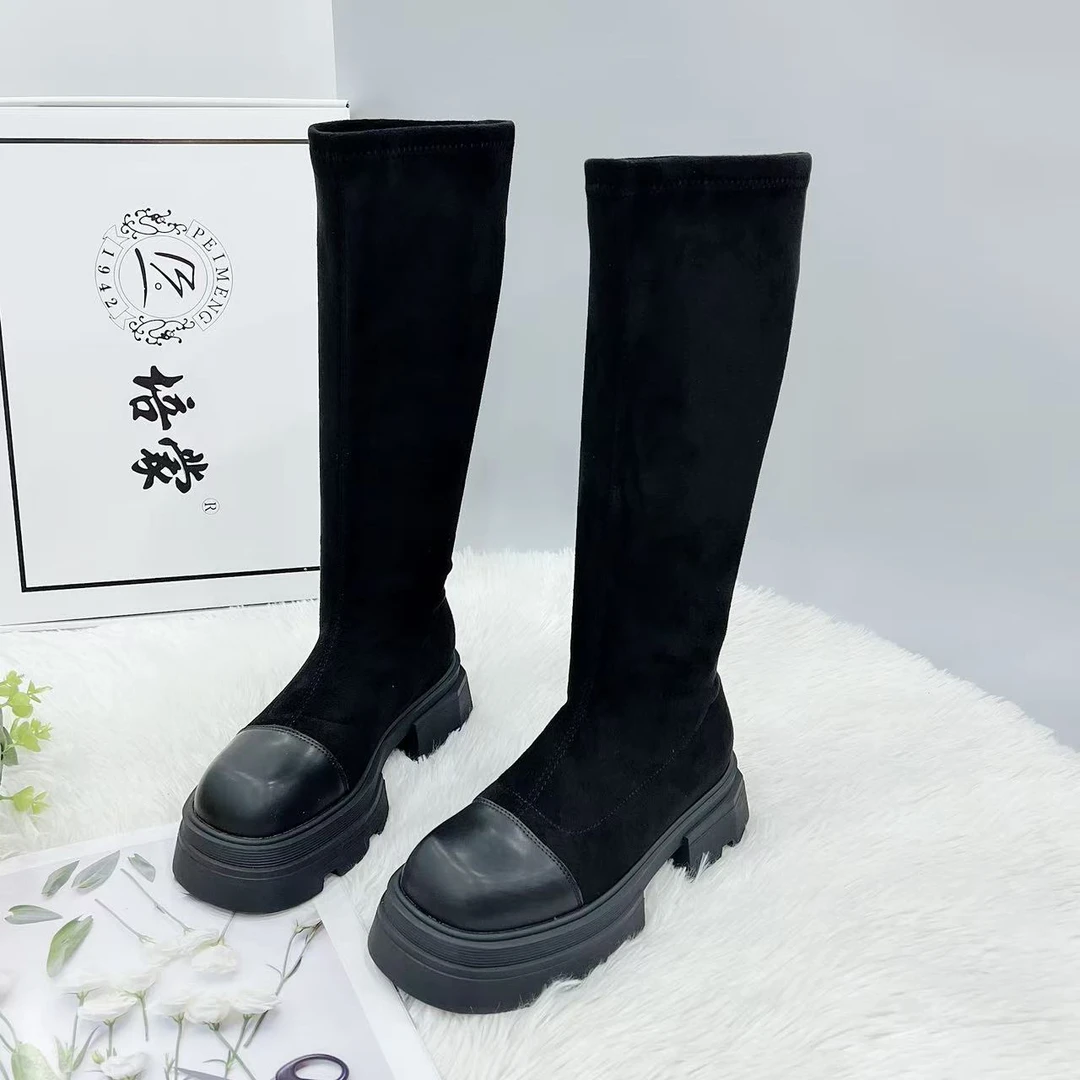 877-10 冬季新款时尚百搭圆头厚底长靴加绒