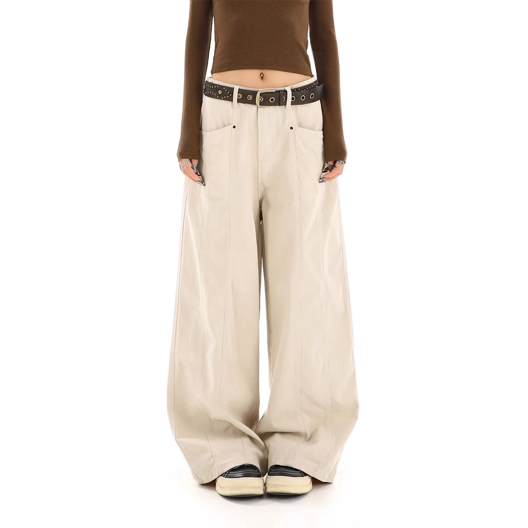 米杏色阔腿工装牛仔裤女春秋新款美式设计感高腰宽松显瘦直筒裤子