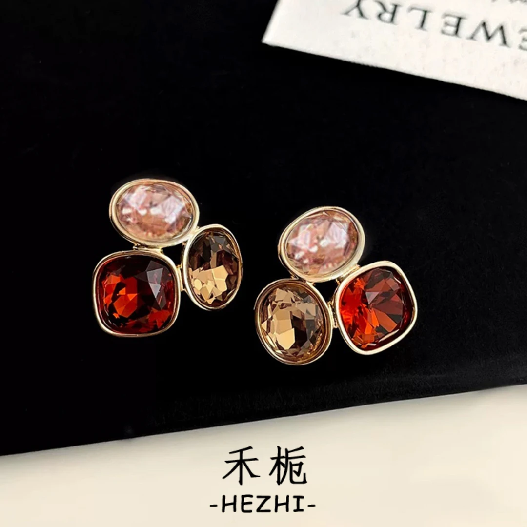 铜合金合成锆石耳饰 素款日韩百搭耳环几何轻奢复古气质红色法式