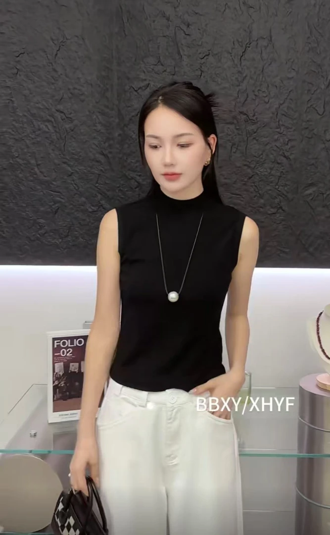 无袖半高领堆领网红烫印时尚黑色T恤秋冬抗起球短袖