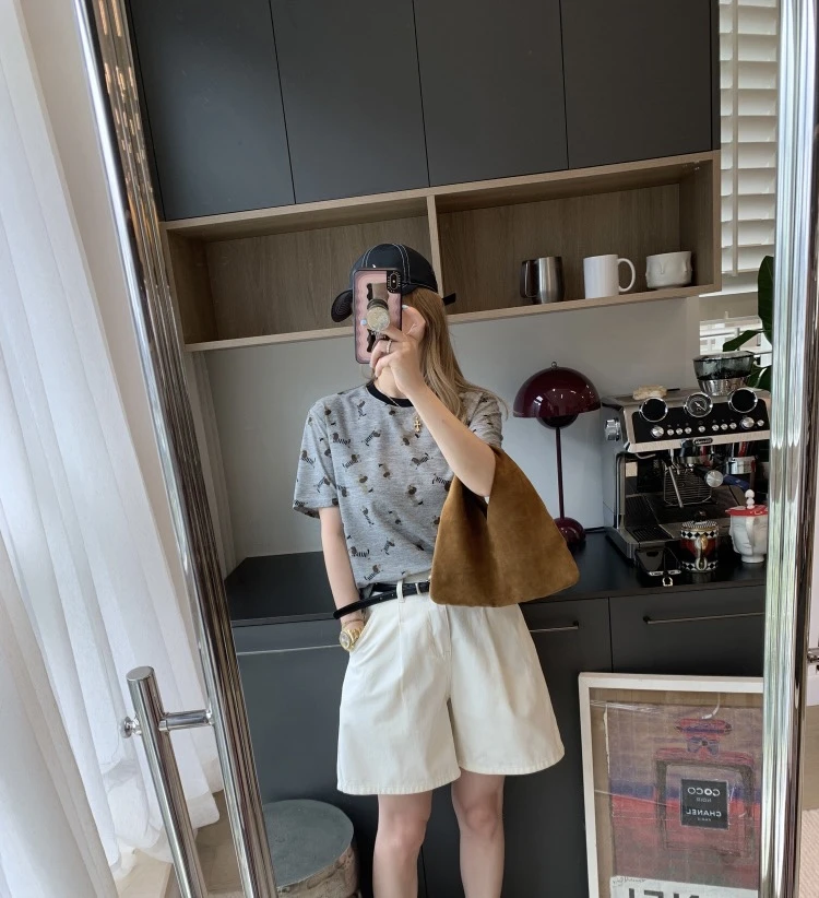 596 番外气质灰印花短袖T恤女夏装新款舒适百搭显瘦减龄上衣