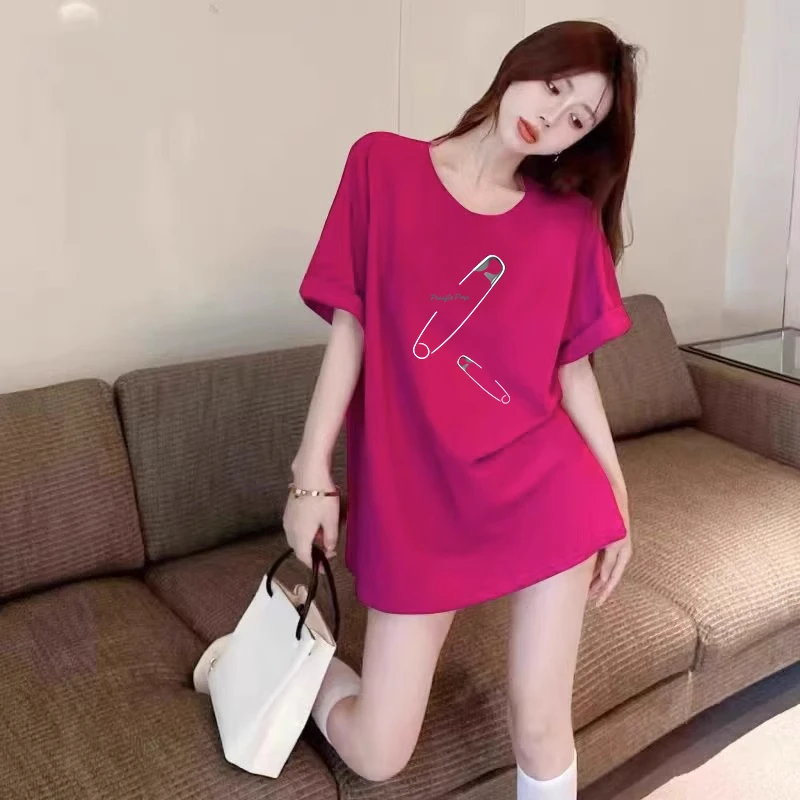 火龙果色夏正肩短袖t恤女2025新款爆款甜酷多巴胺穿搭宽松上衣ins