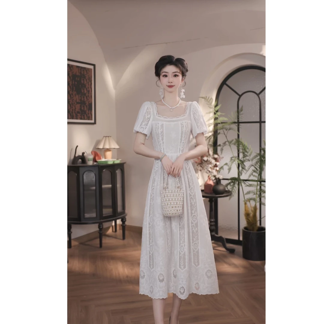 【薇宝儿-婷婷】-夏季高腰法式连衣裙蕾丝优雅温柔气质裙子-53660Q