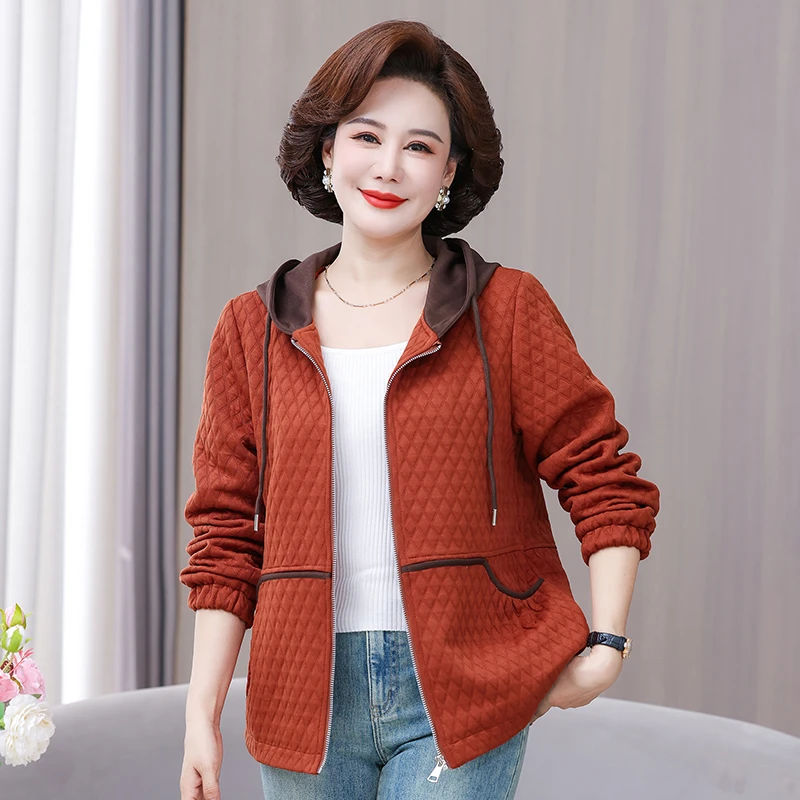中年妈妈春秋洋气外套2025新款中老年女装秋装连帽休闲夹克上衣服