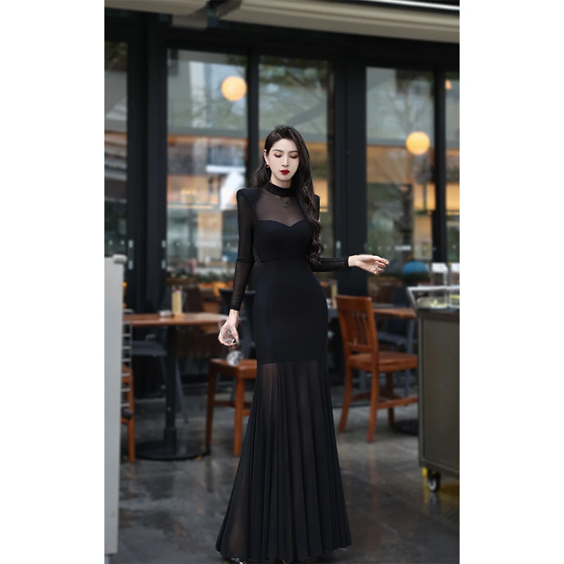 【尤克菲儿】原创高定进口网纱拼接罗马纹气质高腰优雅鱼尾连衣裙