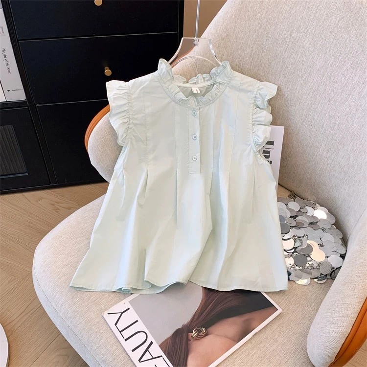 女童2025新款雪纺背心衬衫中大童夏季荷叶边飞飞袖百搭娃娃衫上衣