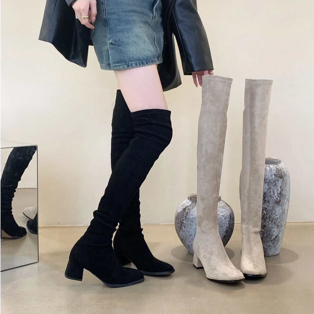 长筒 高跟5cm尖头高跟紧腿靴过膝靴显瘦高筒