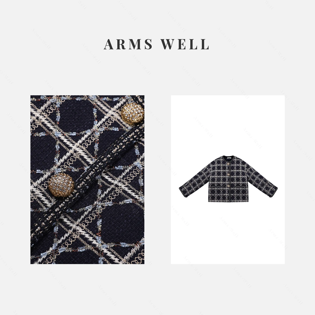 ARMS WELL王囡囡 藏蓝色宽版小香风菱格温柔风鹅绒服 S19