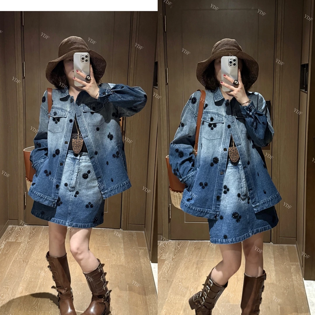 YDFSTUDIO小众【秀场出击】欧货亮片设计时尚牛仔外套+半身裙套装