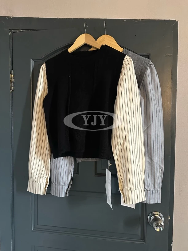 拼接长袖圆领毛针织衫拼色短款常规春季宽松