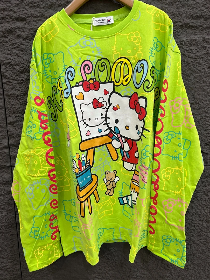 0294【春季新款】潮牌大版慵懒宽松满印kitty休闲圆领T恤