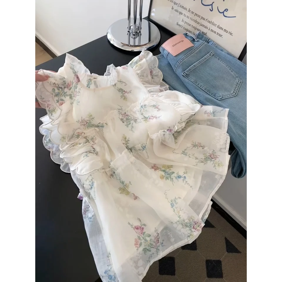 法式小众甜美碎花小飞袖短袖女小个子夏季新款百搭温柔娃娃衫上衣