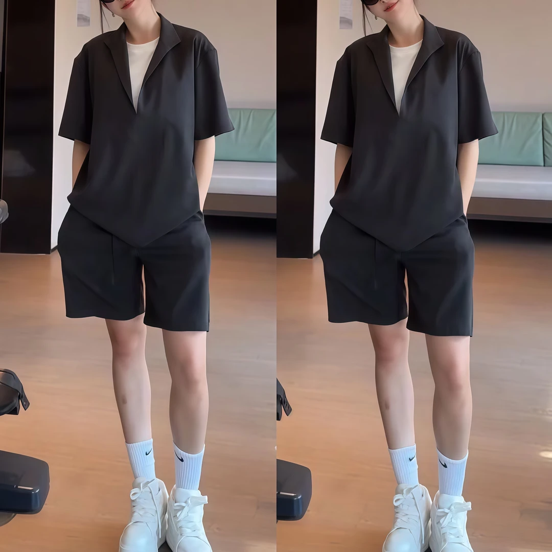 夏季新款男士时尚百搭假两件短袖短裤简约时尚潮牌凉感休闲套装潮