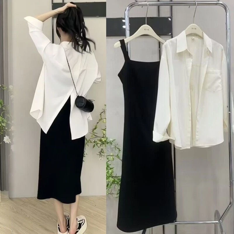 夏季慵懒风大码设计感开叉衬衣女衬衫外套中长款吊带裙两套装