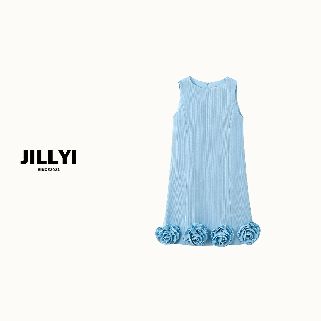 JILLYI【碎冰蓝】天空蓝圆领下摆立体花朵装饰细节轻奢连衣裙