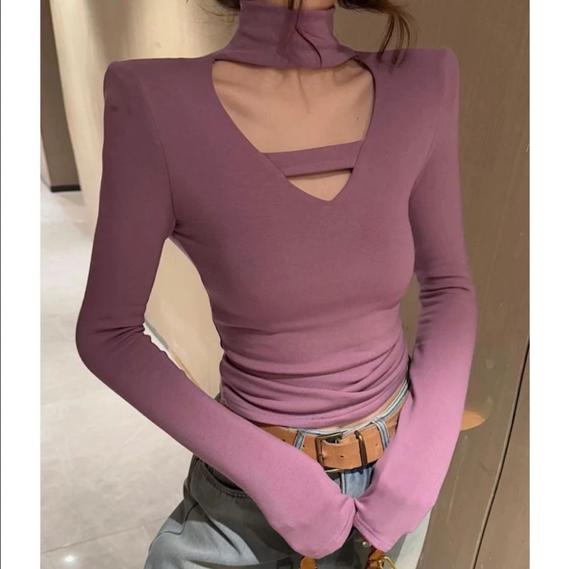 纯欲风镂空半高领打底衫2025冬季设计感修身显瘦百搭T恤紫色上衣