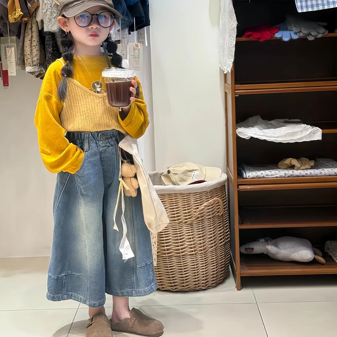 2025秋季新款韩系女童针织吊带+长袖打底衫+牛仔裤3件套套装