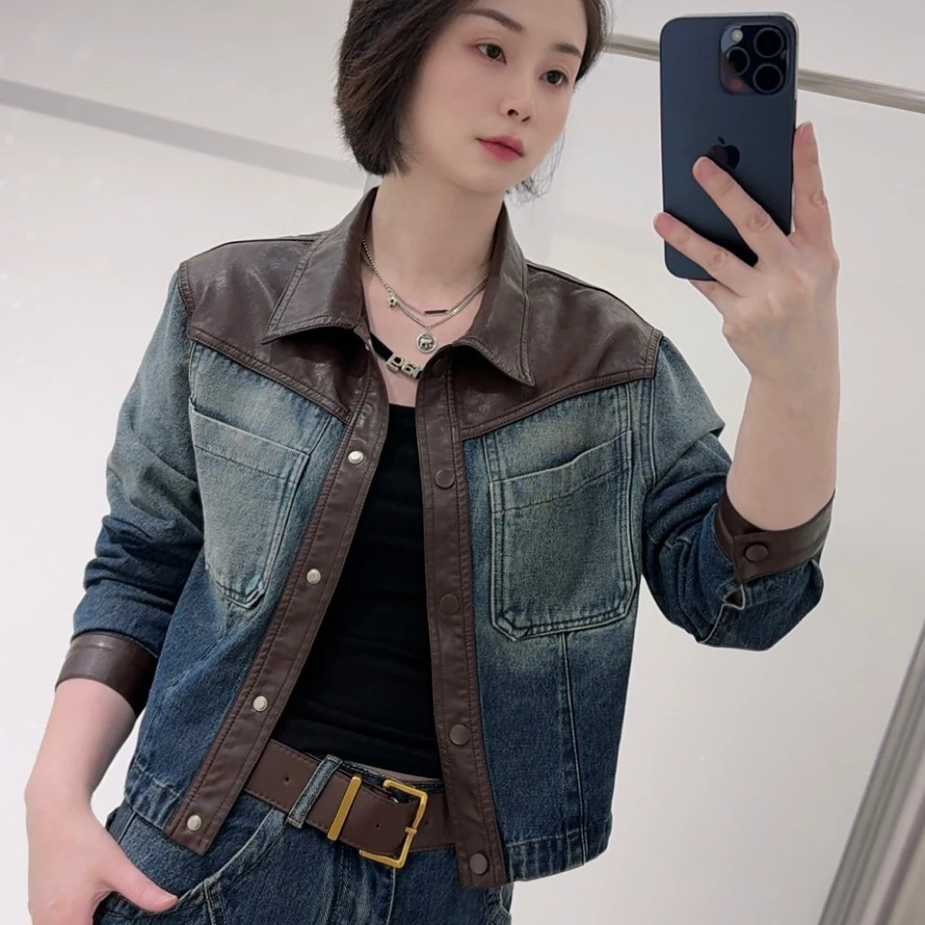 【810】秋季春秋单排扣短外套牛仔拼接水洗皮单层款短款女装长袖