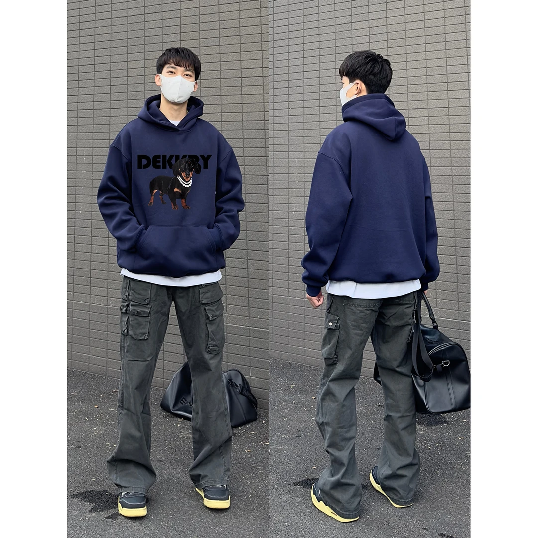 美式潮流字母腊肠狗印花连帽卫衣男女秋冬季休闲宽松情侣上衣