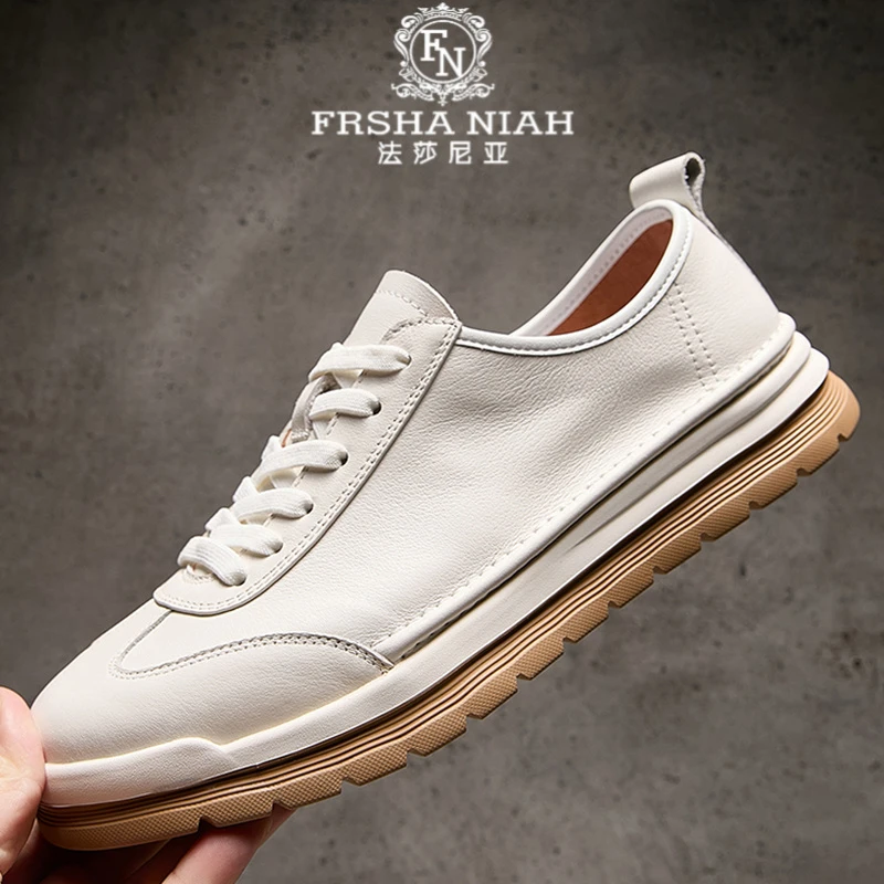 法莎尼亚秋季新款男鞋真皮时尚板鞋百搭小白鞋厚底轻便低帮休闲鞋