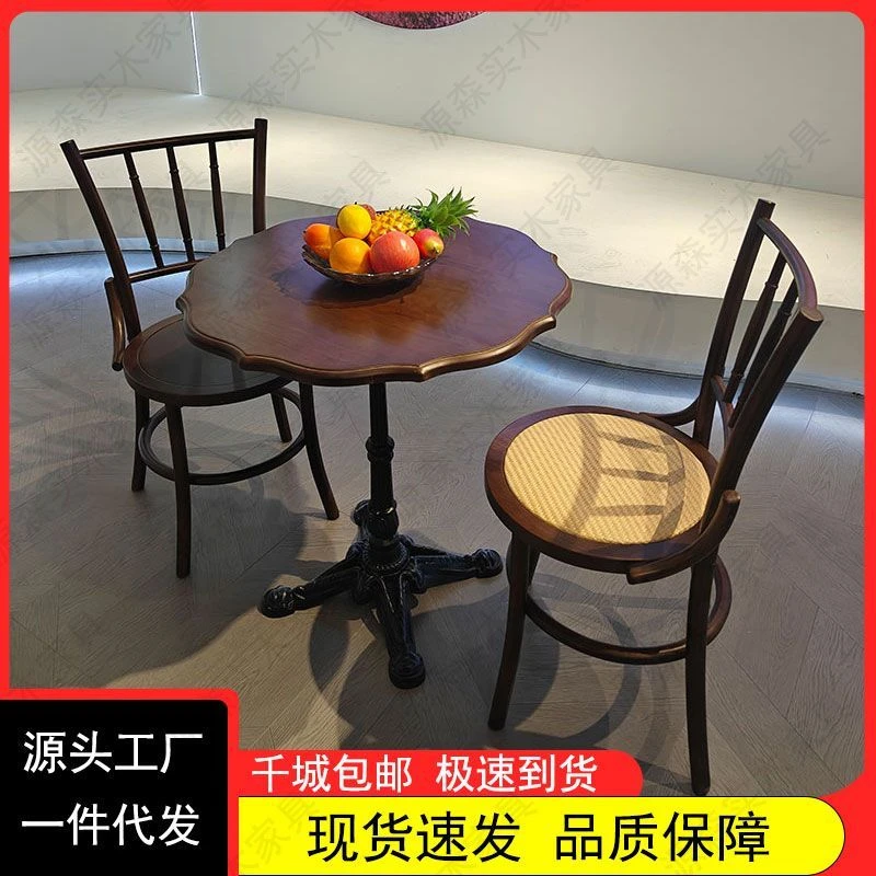 复古风圆形实木餐桌椅组合家用商用甜品店咖啡店奶茶店餐桌椅组合