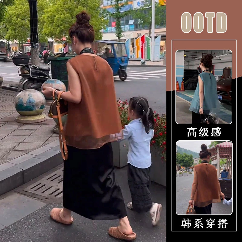 无袖圆领韩版轻熟风上衣慵懒日常时尚套装夏季休闲百搭黑色半身裙