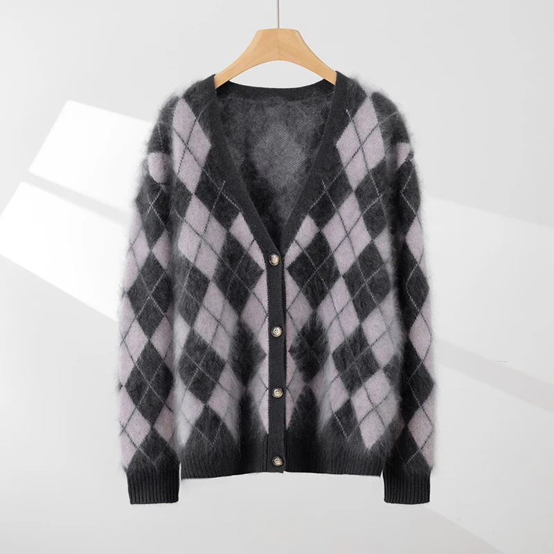 轻奢老钱风山羊绒拉绒菱形格开衫女复古风格软糯亲肤外套