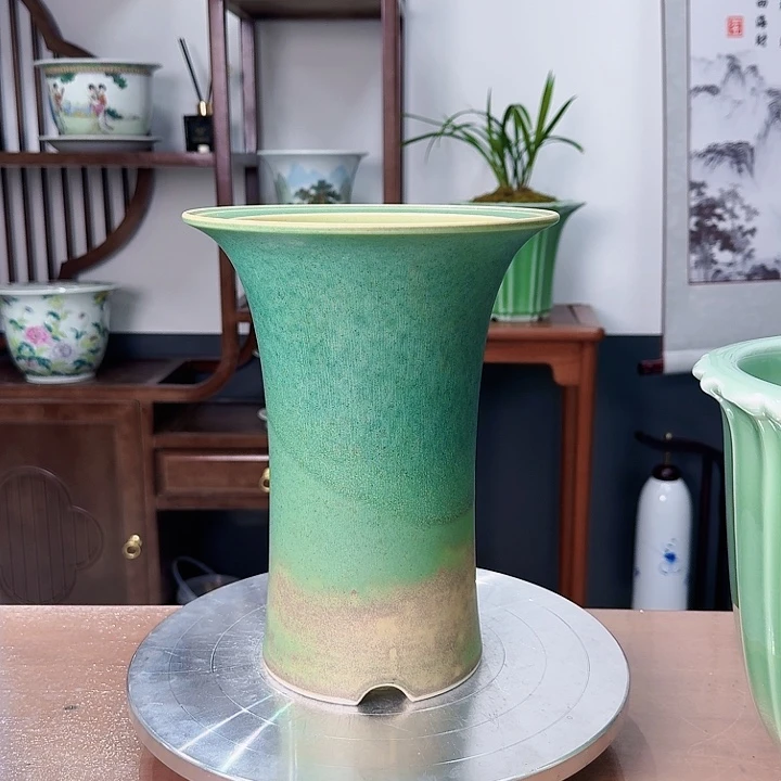 彼***岸绿釉哑光窑变陶瓷盆微瑕