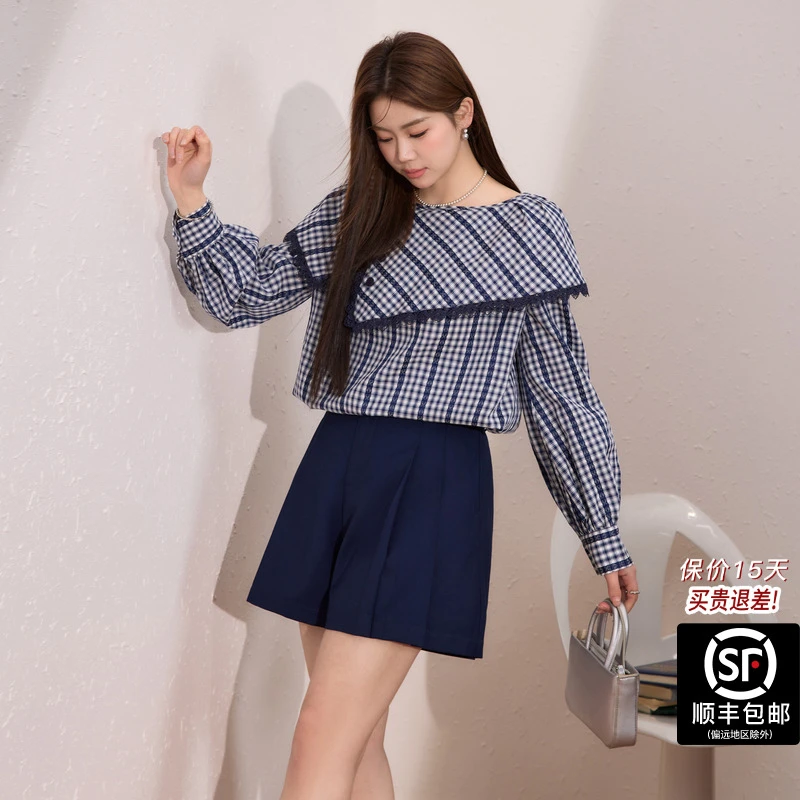 蓝语大码女装法式蕾丝荷叶领格纹衬衫25秋冬新款复古显瘦百搭上衣