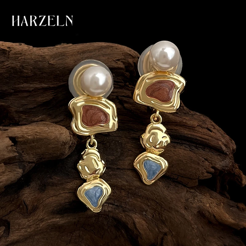 HARZELN法式复古咖蓝滴油耳钉925银针女轻奢高级感小众个性