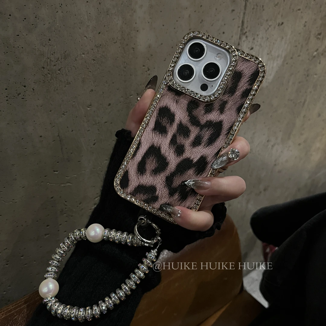 高级感豹纹闪钻名媛适用17苹果16promax手机壳iPhone15/14/13女潮