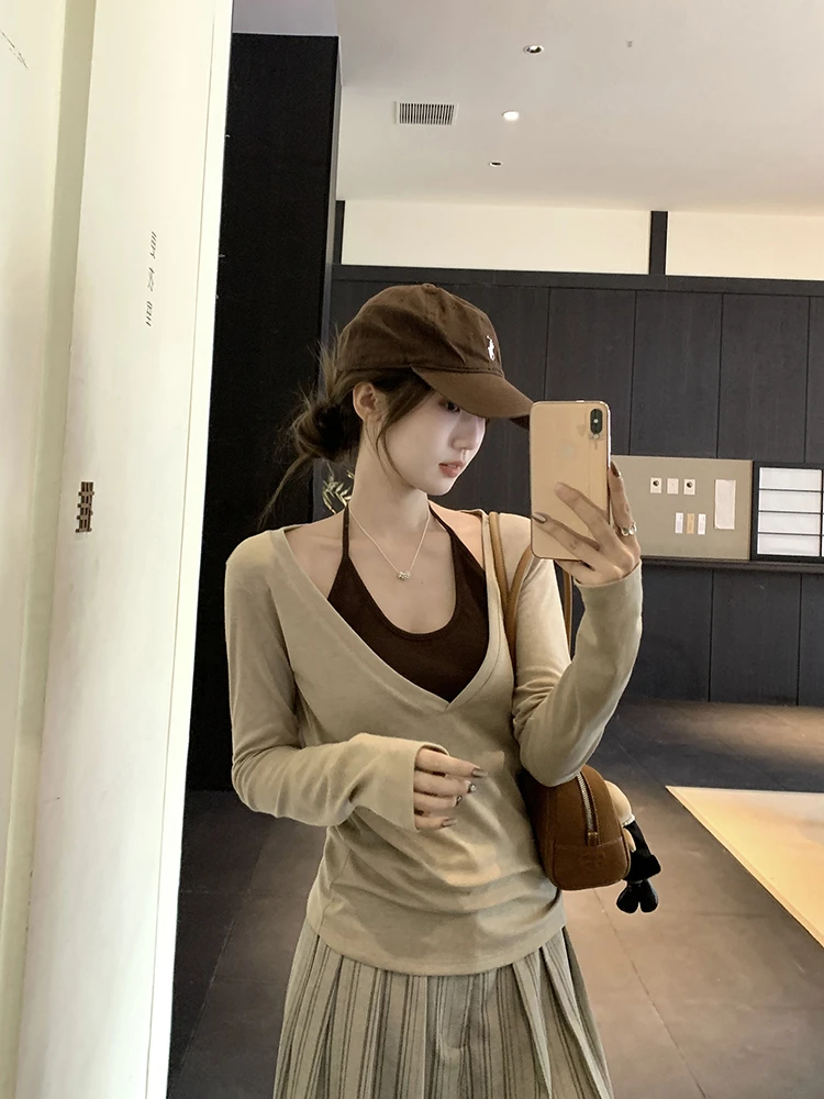 乌77复古v领套装女修身显瘦打底罩衫挂脖系带吊带（带胸垫）两件套