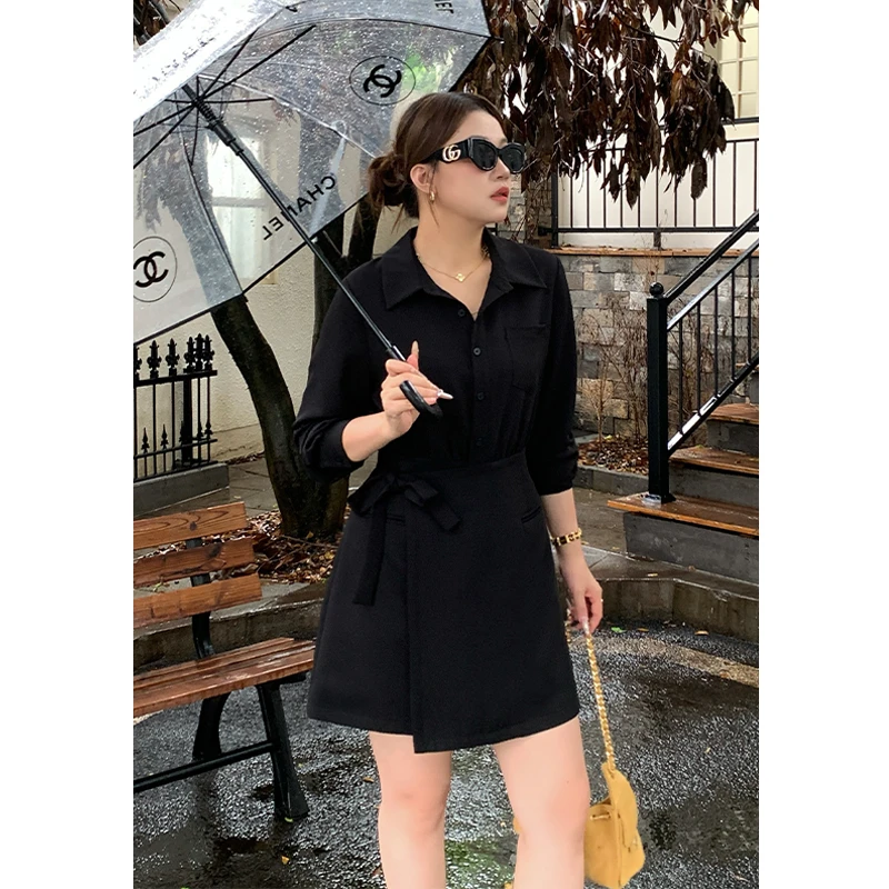 （现现款）花菜微胖定制~【黑色格调】设计感显瘦假两件绑带连衣裙